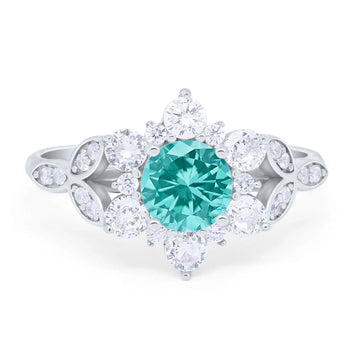 Floral Wedding Cluster Round Ring Simulated Paraiba Tourmaline CZ 925 Sterling Silver